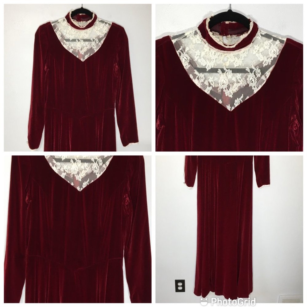 Vintage 60s 70s Victorian Velvet Maroon Maxi Dress, High Lace Neck, Steampunk - Picture 3 of 11
